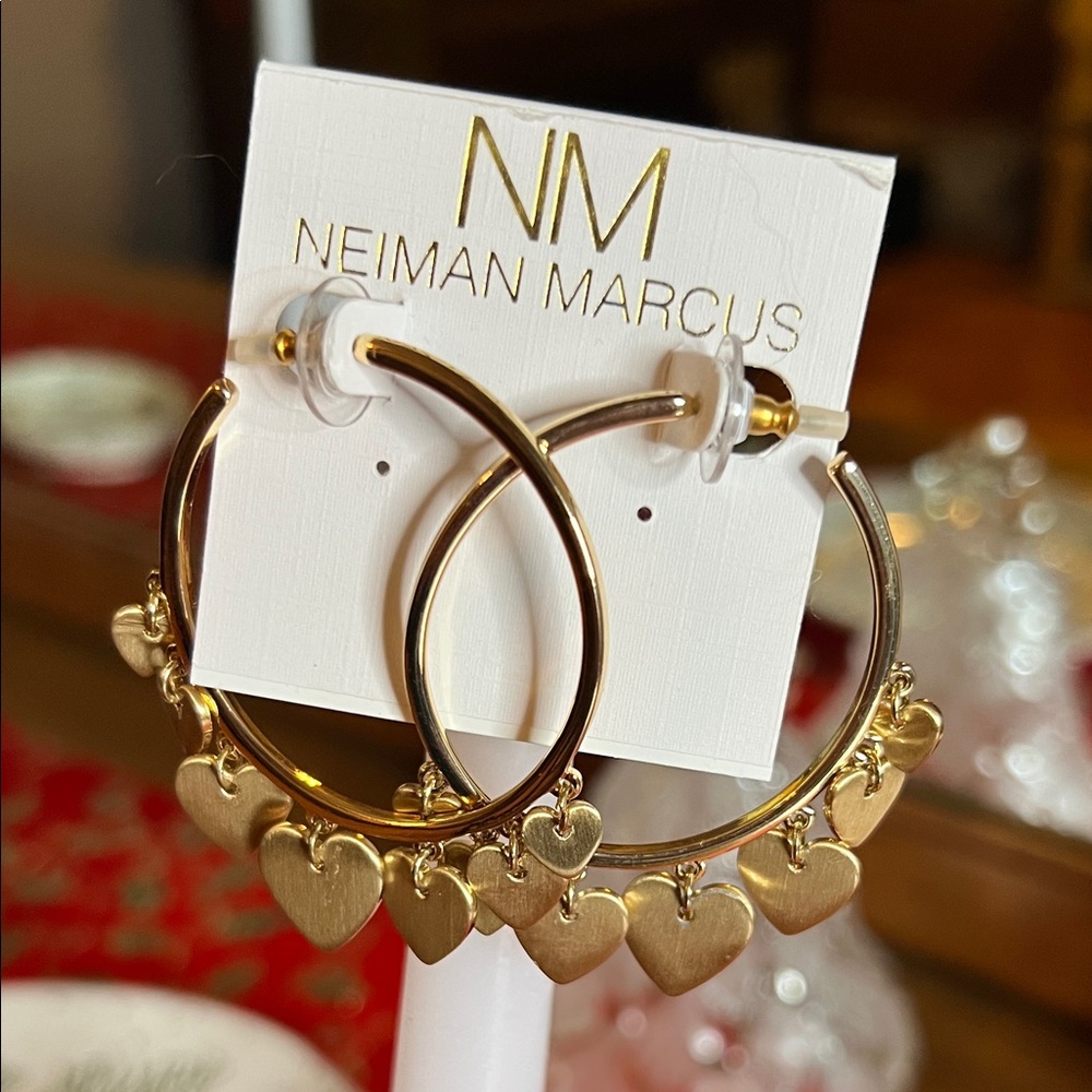Neiman Marcus Gold Heart Charm Hoop Earrings NWT